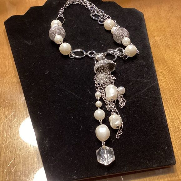 Long Silvertone Chain and Faux Pearl Necklace - Picture 2 of 9